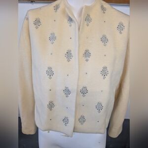 Vintage Sequin Rhinestone Cream Wool Swing Coat.with Pearl Accents Size M